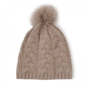 طرح کابل سفارشی کلاه زمستانه بافتنی زنانه از پوست روباه گرم پوم پوم بانی با آرم گلدوزی