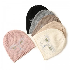 قبعات شتوية للنساء بأحجار الراين تصميم مخصص فاخر لطيف 100٪ ضلع من الكشمير الخالص قبعة منسوجة