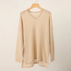 ʻO ka wahine hoʻoilo pumehana V neck knitted pure cashmere sweater custom oversize ladies knit top cashmere pullover