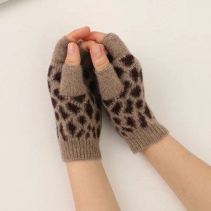 ʻO nā mea hoʻonaninani nani no nā wahine hoʻoilo manamana lima ʻole lepord jacquard knitted half finger cashmere gloves & mittens