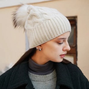 goedkope winter hoed vrouwen vossenbont pom pom kabel gebreide kasjmier ny beanie custom logo luxe mode zachte caps