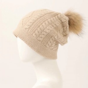 Pălărie de iarnă din cașmir pur cu pompon din blană de vulpe, la modă personalizată, pentru femei, tricotată cu cablu, pălărie beanie din cașmir