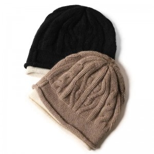custom na logo ng burda Cute 100% Cashmere Knit ny beanie Winter Hats rolled edge Babaeng niniting ang mainit na bennie caps