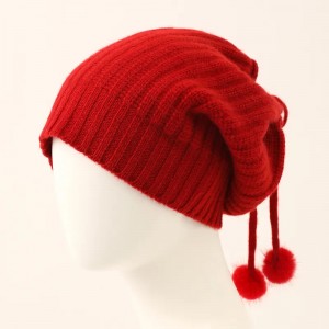 rib knitted puro cashmere winter hat custom logo women luxury fashion cashmere beanie cap wtih real fox fur pom