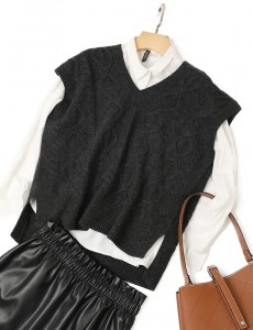 Персонализирано плетене Моден удобен кашмирен дамски пуловер с V-образно деколте кабелен дизайн мъжки пуловер без ръкави