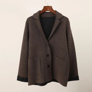 Sisi ganda reversibel Turn-down Collar kasmir kardigan jaket mantel warna polos rajutan kasmir pakaian wanita sweater suit