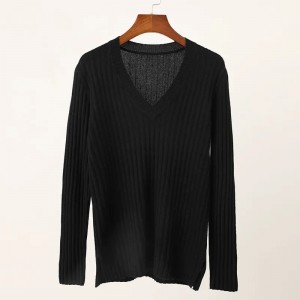 black long sleeve V neck ribbed knitted pure cashmere women's sweater custom winter oversize girls cashmere pullover