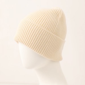Winter New Ribb Knitted cashmere and wool blended beanie Custom label unisex cuff offwhite warm hat