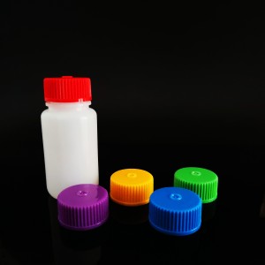 HDPE/PP reaģentu pudeles ar krāsainu vāciņu, platu/šauru muti