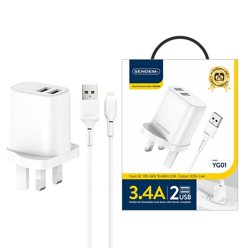 YG01-UK प्लग 3.4A डुअल USB पोर्ट भित्ता चार्जर