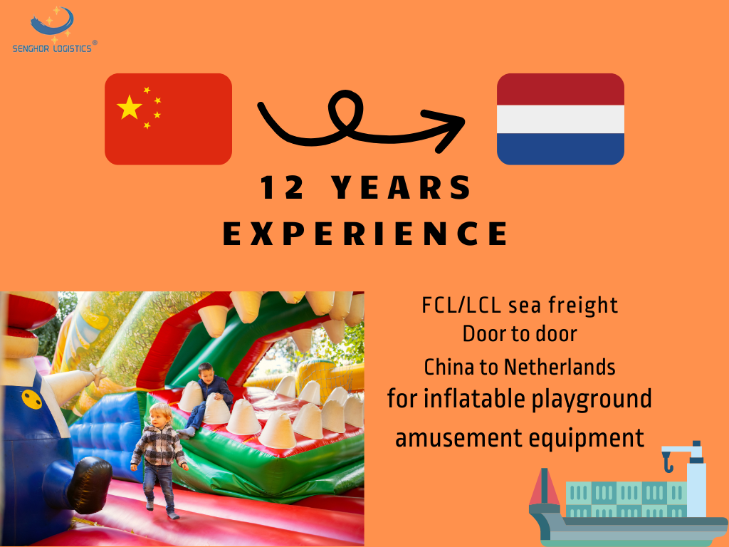 12 jaar se FCL LCL seevrag deur tot deur gestuur van China na Nederland vir opblaasbare speelgrond vermaak toerusting