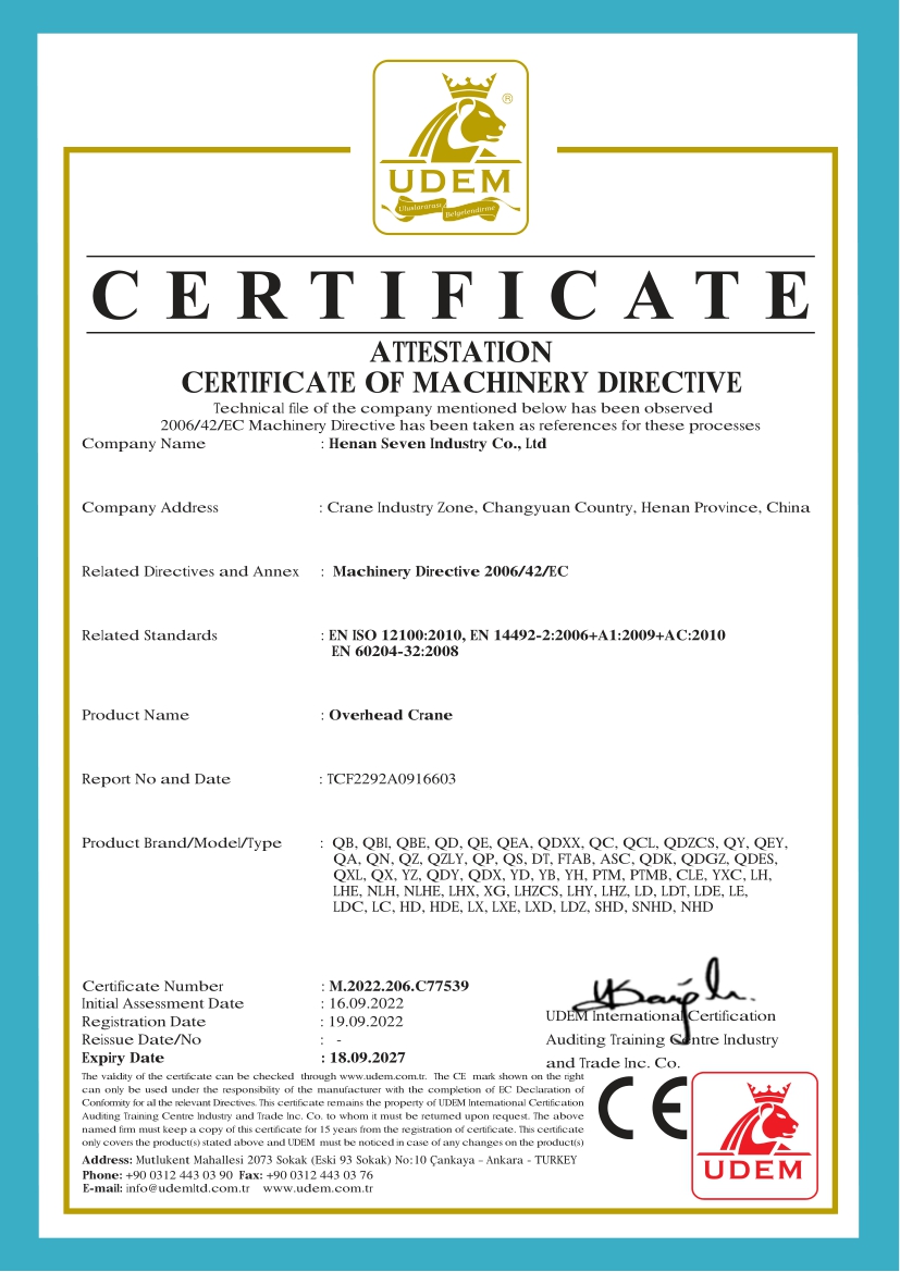 Certificat CE de pont roulant