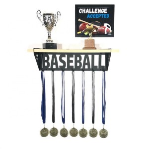 Custom trophy shelf with medal hanger Sport trophy shelf with hooks Medal display hanger Trophy display rack for baseball