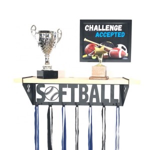 Custom trophy shelf with medal hanger Sport trophy shelf with hooks Medal display hanger Trophy rack for softball