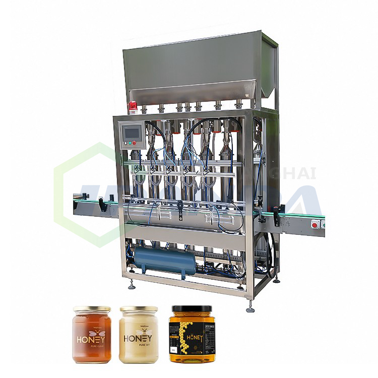 Visiškai automatinis medaus stiklainių butelių užpildymo ir sandarinimo mašinos gamybos linijos vaizdas