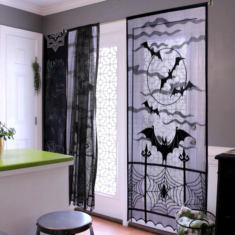 Halloween Curtains 40×82 Inches Black Lace Curtains Spider Web Window With Flying Bats Halloween Decorations For Window Kitchen