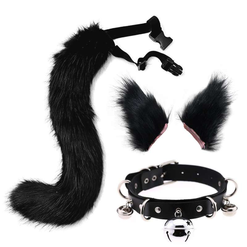 19inch Cat Ears ati Wolf Fox Animal Tail Cosplay Costume Faux Fur Hair Clip Agbekọri Halloween Alawọ Ọrun Chocker Ṣeto