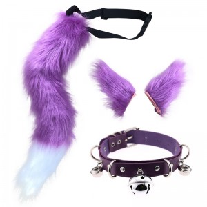 අඟල් 19 Cat Ears සහ Wolf Fox Animal Tail Cosplay Costume Faux Fur Hair Clip Headdress Halloween Leather Neck Chocker Set