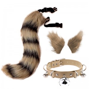 Disfressa de cosplay d'orelles de gat i guineu de llop amb cua d'animal de 19 polzades, pinça de pèl de pell sintètica, tocat, conjunt de coll de pell de Halloween