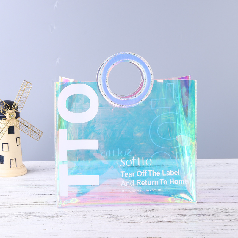 Geantă personalizată transparentă cu hologramă holografică de vinil PVC transparent curcubeu pentru femei. Imagine prezentată