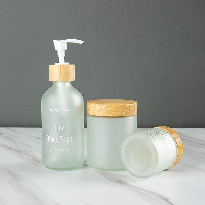 Frost Logo Print Shower Gel Dispenser Skincare Glass Jars with Bamboo Lid