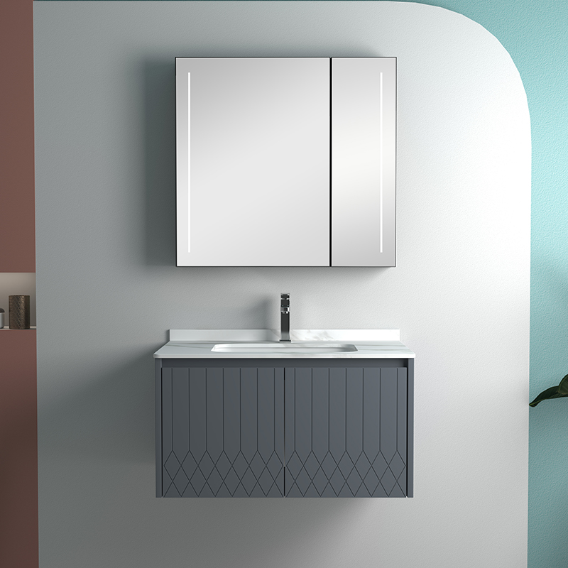 Vanidade de baño de novo deseño de aceiro inoxidable con lavabo de lousa rocha e armario de espello LED con sensor corporal
