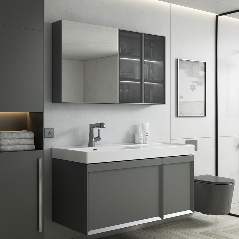 Luksuzno pohištvo sivi PVC kopalniški umivalniki z LED ogledalom s keramičnim umivalnikom stenske kopalniške omarice