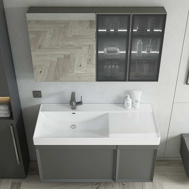Luksuzno pohištvo sivi PVC kopalniški umivalniki z LED ogledalom s keramičnim umivalnikom stenske kopalniške omarice