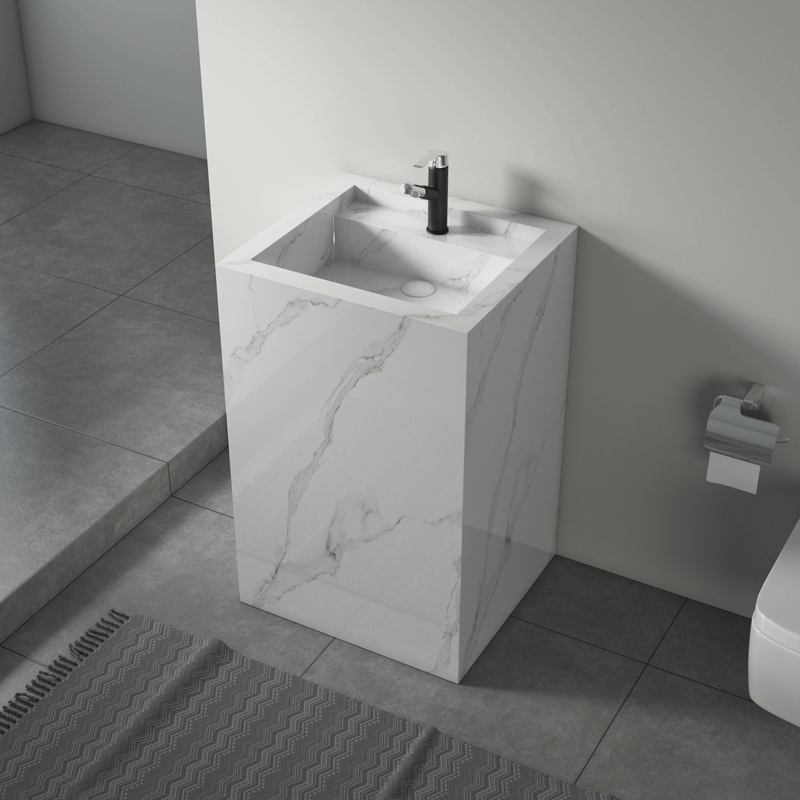 Enostavne hotelske kopalniške omarice z umivalnikom v naprednem sproščenem slogu iz kamnitega skrilavca z ogledalom LED