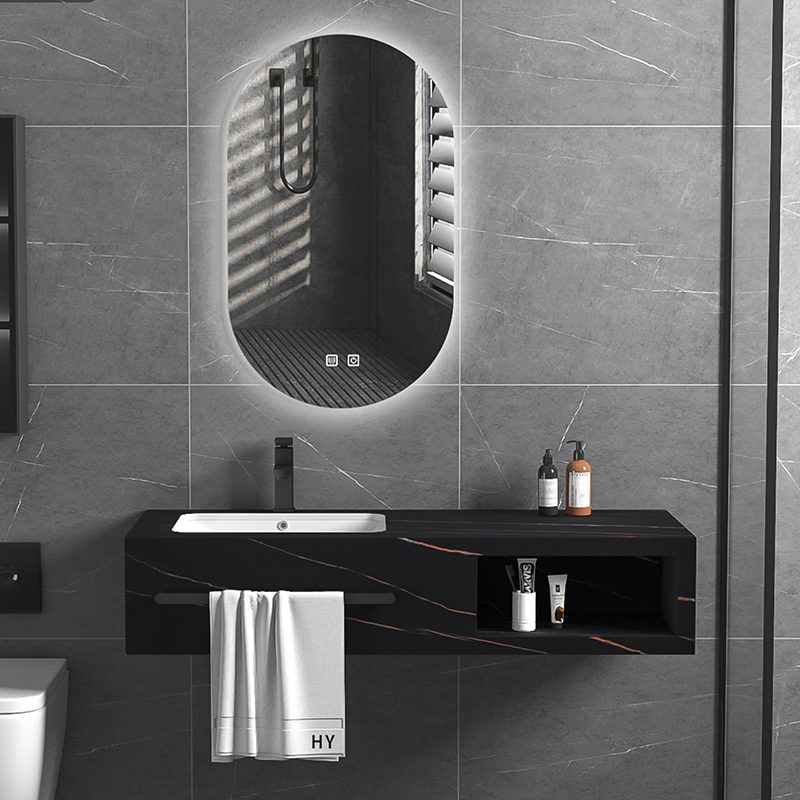 Nytt badrumsskåp i stenskiffer med matt finish med LED-spegel keramiskt handfat i marmor badrumsskåp med handdukshylla