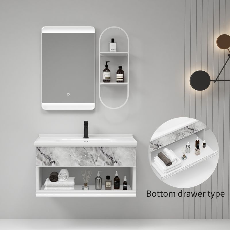 Pia única moderna de alumínio com padrão inteligente, espelhada, pequena, conjunto de armário montado na parede, vaidade de banheiro flutuante