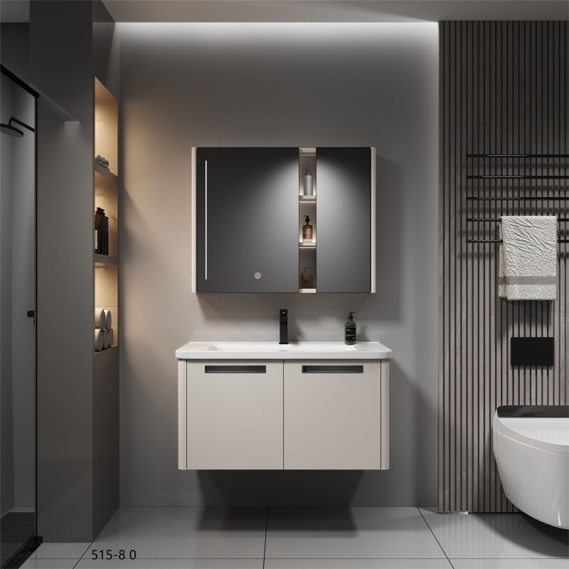 Случајна шкафче за бања од нерѓосувачки челик со керамички слив, мебел за суета кабинет со огледало за стоење на бањи