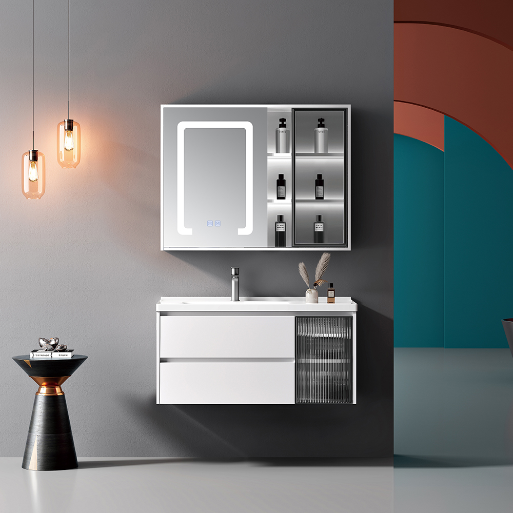 가격 저렴한 공급 부동 욕실 캐비닛 PVC 세면대 럭셔리 욕실 세면대 캐비닛 LED 조명과 현대적인 욕실 거울