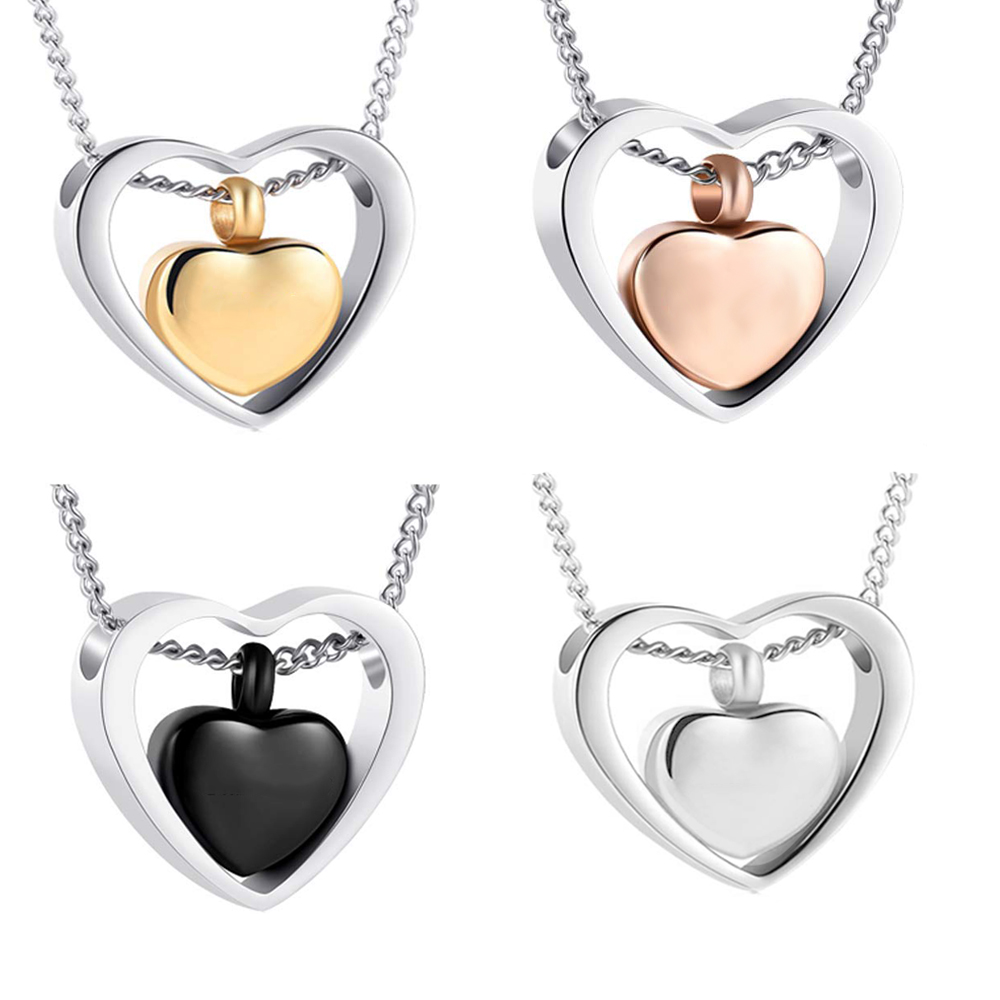 Stainless Steel Double Heart Cremation Urn Necklace Funnel Fill Kit Keepsake Memorial Ashes 3 Colours