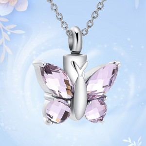 Butterfly Shape Fillabled Ashes Cremation Pendant Keepsake Urn Necklace Purple Memorial Alahas