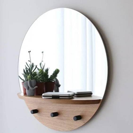 Wall Mounted Moon mirror with shelf Wooden back Floating Shelves Hanging Storage Display Shelf Wall Decor for Living Room Bedroom Featured Image
