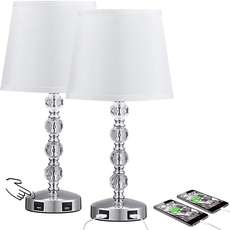 crystal touch control dimming lamp with double USB rechargeable night table desk lamp bedroom bedside table lamp