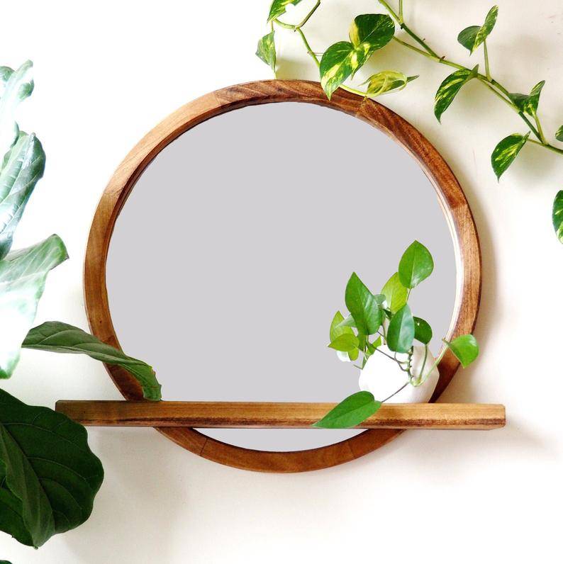 Wall Mounted Moon Shelf with mirror Wooden metal back Floating Shelf with mirror Hanging Storage Display Shelf Wall Decor for Living Room Bedroom