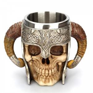 Creative Skeleton Knight Ram’s Horn resin skull cup double Ram’s Horn stainless steel drinking cup office drinking cup