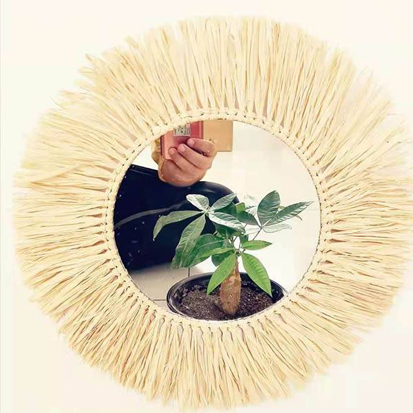 Decorative handmade raffia grass Half  lunar Moon phase glass mirror for home wall hanging mirror