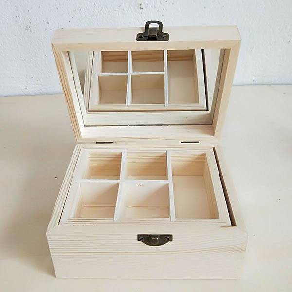 Rectangular square wooden gift packing box with  flip lid mirror removable compartment storage tray Featured Image