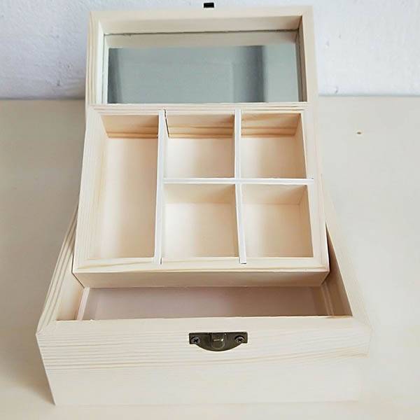 Rectangular square wooden gift packing box with  flip lid mirror removable compartment storage tray