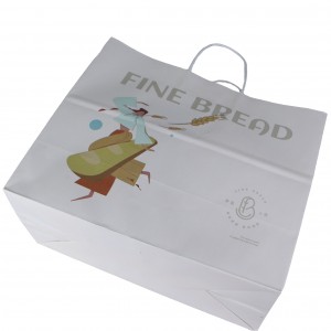 අභිරුචි මුද්‍රිත ලාංඡනය Food White Kraft Paper Bag සමඟ නැවත භාවිත කළ හැකි සාප්පු කඩදාසි බෑගය