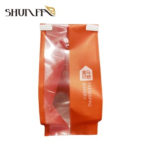 Brugerdefineret orange printemballage med gennemsigtigt vindue, lille brødbageri madpose