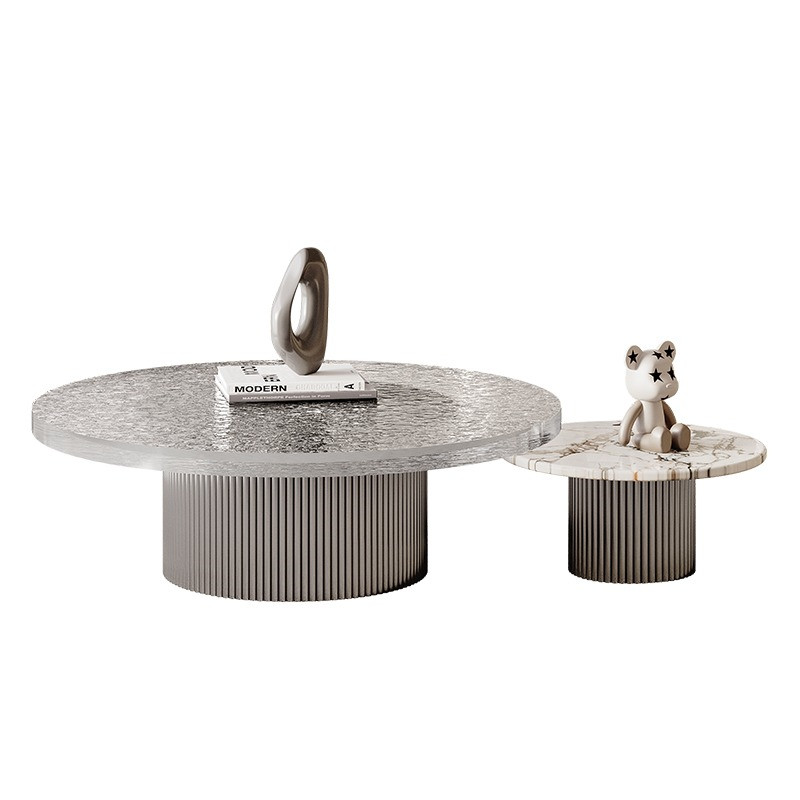 Miller Type Glass Round Coffee Table Set, Acrylic Table Top, Stainless Steel Base