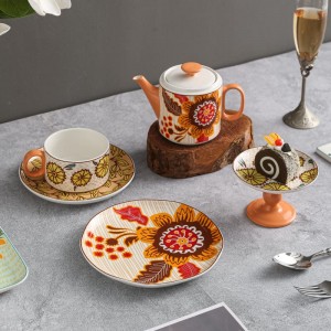 Сервиз за хранене и кухненски прибори в американски стил и сервиз за кафе/чай със слънчогледов дизайн, ръчно рисуван цвят