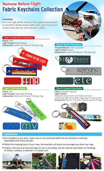Remove Before Flight Fabric Keychains Collection