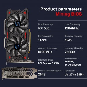 نئون AMD RX 580 8G GDDR5 256Bit 2048SP گرافڪس ڪارڊ لاءِ GPU گيم مائننگ وڊيو ڪارڊ ڪمپيوٽر VGA RX580 Hashrate30+
