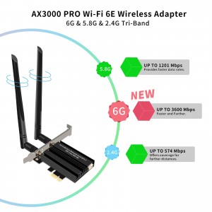 3000Mbps BT 5.2,802.11AX Tri-Band Wireless Network Adapter pou Desktop PC Gaming