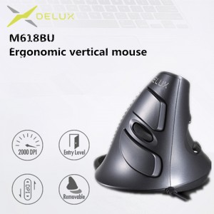 Delux M618 BU Ergonomische vertikale Maus, 6 Tasten, 800/1200/1600 DPI, optische Mäuse für die rechte Hand, mit Handgelenkmatte für PC und Laptop